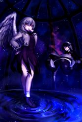 Rule 34 | 2girls, blue background, blue eyes, blue hair, book, brown jacket, covering own mouth, doremy sweet, dress, feathered wings, floating, full body, hair between eyes, hand on own hip, hat, highres, jacket, kishin sagume, long sleeves, looking at viewer, multiple girls, nightcap, no shoes, open book, oversized object, pom pom (clothes), prison, purple dress, purple skirt, red eyes, ripples, short hair, signature, silver hair, single wing, skirt, smile, star (symbol), starry background, tail, tapir tail, tis (shan0x0shan), touhou, tsurime, white legwear, white wings, wings
