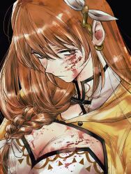 Rule 34 | 1girl, black background, blood, blood on clothes, blood on face, braid, breasts, brown eyes, brown hair, cleavage, cleavage cutout, closed mouth, clothing cutout, fire emblem, fire emblem engage, goldmary (fire emblem), hair ornament, hair ribbon, highres, hk 539099410, injury, large breasts, looking at viewer, nintendo, ribbon, side braid, solo, upper body