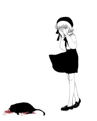 Rule 34 | 1girl, beret, black cat, blood, cat, collared shirt, commentary, covering face, dead animal, greyscale, hair ribbon, hands on own face, hat, hatoba tsugu, highres, loafers, long sleeves, monochrome, neck ribbon, pantyhose, pool of blood, ribbon, rokka seira, shirt, shoes, short hair, simple background, single hair ring, skirt, solo, spot color, standing, suspender skirt, suspenders, tsugu (vtuber), virtual youtuber, walking, wind, wind lift