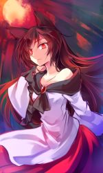 Rule 34 | 1girl, animal ears, bamboo, bamboo forest, bare shoulders, brooch, brown hair, collarbone, dress, forest, imaizumi kagerou, jewelry, kutsuki kai, long hair, long sleeves, looking at viewer, nature, off-shoulder dress, off shoulder, red eyes, solo, touhou, wide sleeves, wolf ears