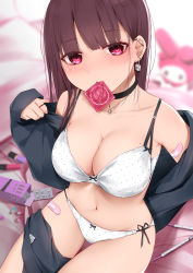 Rule 34 | 1girl, bandaid, bare shoulders, black choker, black jacket, blurry, bow, bow bra, bow panties, bra, breasts, choker, cleavage, collarbone, condom, condom in mouth, condom wrapper, depth of field, earrings, highres, jacket, jewelry, kanju, large breasts, lock, long hair, looking at viewer, mole, mole on breast, mouth hold, my melody, my melody (cameo), navel, off shoulder, onegai my melody, open clothes, open jacket, original, padlock, panties, polka dot, polka dot bra, polka dot panties, purple eyes, purple hair, sanrio, side-tie panties, sitting, solo, stomach, thighs, underwear, white bra, white panties