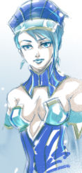 Rule 34 | 10s, 1girl, bad id, bad pixiv id, bare shoulders, blue eyes, blue hair, blue rose (tiger &amp; bunny), blue theme, breasts, cleavage, deadchicken584, earrings, elbow gloves, gloves, hat, jewelry, karina lyle, lipstick, makeup, matching hair/eyes, medium breasts, short hair, solo, superhero costume, tiger &amp; bunny