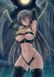 Rule 34 | 1girl, absurdres, angel wings, armpits, arms behind head, bdsm, black gloves, black hair, black thighhighs, black wings, bondage, bondage outfit, bound, breasts, chain, cloud, collar, elbow gloves, fallen angel, female focus, full moon, gloves, gluteal fold, grin, harness, high school dxd, highleg, highleg panties, highres, large breasts, long hair, looking at viewer, moon, navel, night, night sky, o-ring, panties, purple eyes, raynare, revealing clothes, self-upload, skindentation, sky, smile, solo, standing, star (sky), starry sky, thick thighs, thighhighs, thighs, underwear, wings