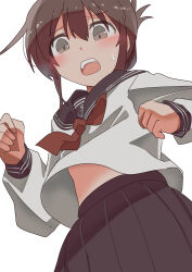Rule 34 | 1girl, absurdres, anchor symbol, black sailor collar, black skirt, brown eyes, brown hair, folded ponytail, from below, haida katsuretsu, highres, inazuma (kancolle), kantai collection, long hair, long sleeves, neckerchief, open mouth, pleated skirt, red neckerchief, sailor collar, school uniform, serafuku, shirt, simple background, skirt, solo, standing, sweatdrop, teeth, upper teeth only, upshirt, white background, white shirt