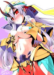 Rule 34 | 1girl, :&lt;, alternate costume, arabian clothes, bare shoulders, blush, breasts, closed mouth, cosplay, cropped vest, fate/grand order, fate (series), frown, gilgamesh (fate), gilgamesh (caster) (fate), gilgamesh (caster) (fate) (cosplay), hair between eyes, hat, highres, hisame genta, horns, large breasts, long hair, midriff, oni horns, red eyes, red horns, red ribbon, ribbon, silver hair, slit pupils, solo, tomoe gozen (fate), turban, very long hair, vest