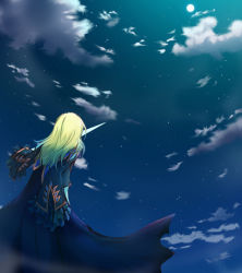 Rule 34 | 1boy, bad id, bad pixiv id, blonde hair, blue background, cape, cloud, male focus, moon, night, richard (tales), sky, solo, star (sky), star (symbol), starry sky, sword, tales of (series), tales of graces, toubi, weapon