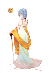 Rule 34 | 1girl, ass, back cutout, bag, bare back, black bow, black choker, blue hair, bow, bow choker, cane, choker, closed mouth, clothing cutout, dress, eyelashes, flower, fringe trim, from behind, full body, gradient dress, gwayo, holding, holding cane, light smile, long dress, looking at viewer, looking back, marguerite (unlight), petals, pink eyes, puffy short sleeves, puffy sleeves, scarf, short hair, short sleeves, shoulder bag, simple background, solo, standing, unlight, white background, white dress, white flower, white sleeves, yellow scarf