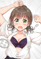 1girl absurdres arms_up artist_name betock black_skirt blush bra breasts brown_hair cleavage collarbone commentary_request dress_shirt flying_button green_eyes heart heart_in_eye highres lace lace-trimmed_bra lace_trim looking_at_viewer medium_breasts medium_hair open_clothes open_mouth open_shirt original ponytail purple_bra shirt shirt_tucked_in short_sleeves skirt solo sweatdrop symbol_in_eye underwear wardrobe_malfunction white_background white_shirt