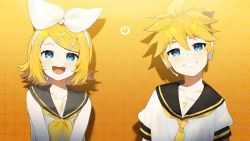 Rule 34 | 1boy, 1girl, :d, absurdres, bare shoulders, bass clef, black sailor collar, blonde hair, blue eyes, blush, brother and sister, collarbone, flipped hair, gradient background, grin, hair ornament, hairclip, happy, head tilt, headset, highres, kagamine len, kagamine rin, long sleeves, looking at viewer, neckerchief, necktie, open mouth, orange background, sailor collar, short hair, short sleeves, siblings, sleeveless, smile, swept bangs, treble clef, twins, upper body, vocaloid, yamada ichi, yellow background, yellow neckerchief