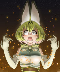 Rule 34 | 10s, 1girl, absurdres, animal ears, bow, bowtie, breasts, cross-laced clothes, crying, crying with eyes open, elbow gloves, fangs, gloves, high-waist skirt, highres, kemono friends, looking at viewer, medium breasts, open mouth, saizu nitou gunsou, serval (kemono friends), serval print, shirt, skirt, sleeveless, sleeveless shirt, slit pupils, tears, upper body