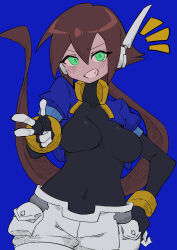 Rule 34 | 1girl, absurdres, aile (mega man zx), black bodysuit, blue background, blue jacket, blush, bodysuit, bodysuit under clothes, breasts, brown hair, buzzlyears, covered collarbone, covered navel, cropped jacket, finger gun, green eyes, hand on own hip, highres, jacket, large breasts, long hair, mega man (series), mega man zx, mega man zx advent, open clothes, open jacket, pointing, pointing at viewer, ponytail, robot ears, short sleeves, shorts, simple background, smile, solo, teeth, upper body, white shorts