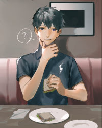 Rule 34 | 1boy, ?, black hair, black shirt, booth seating, collared shirt, commentary request, drawing (object), food, hand up, highres, ishida (segu ishida), looking at viewer, male focus, mole, mole under eye, original, parted lips, plate, purple eyes, restaurant, sandwich, shirt, short hair, short sleeves, sitting, solo, spoken question mark, upper body, wiping face