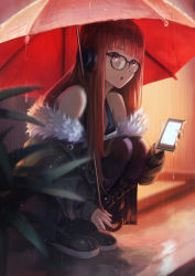 Rule 34 | 1girl, :o, absurdres, bare shoulders, behind-the-head headphones, black-framed eyewear, black footwear, black legwear, blunt bangs, boots, cellphone, cross-laced footwear, facing to the side, full body, fur-trimmed jacket, fur trim, glasses, hakusyokuto, headphones, highres, holding, holding phone, holding umbrella, jacket, lace-up boots, long hair, looking to the side, off shoulder, open mouth, outdoors, persona, persona 5, phone, purple eyes, rain, red hair, red umbrella, reflection, sakura futaba, smartphone, solo, squatting, straight hair, umbrella