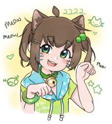 Rule 34 | 1girl, ahoge, animal collar, animal ears, bell, blue collar, blue eyes, blue hoodie, blush, breasts, cat, cat drawing, cat ears, cat girl, child, collar, collar bell, ears, english text, eyelashes, facial mark, freckles, girutea, green collar, green eyes, green hair ornament, green shirt, green wristband, hand up, hands up, heart, hood, hoodie, indie virtual youtuber, lily hopkins, looking at viewer, maneki-neko, medium breasts, medium hair, multicolored eyes, neck bell, open mouth, paw print, paw print pattern, raised eyebrows, shirt, star (symbol), t-shirt, teeth, tongue, upper body, upper teeth only, whisker markings, whisker marks, whiskers, wristband