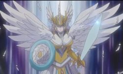 Rule 34 | 10s, armor, breasts, cardfight!! vanguard, feathers, flash edge valkyrie, gold paladin, helmet, large breasts, shield, sword, weapon, wings, yellow eyes