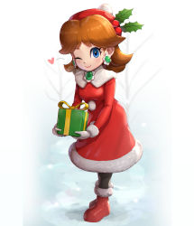 Rule 34 | 1girl, ;), blue eyes, blush, boots, breasts, brown hair, christmas, closed mouth, dress, earrings, flower earrings, full body, fur-trimmed dress, fur trim, gift, gloves, gonzarez, hat, heart, highres, jewelry, lipgloss, long hair, looking at viewer, mario (series), mario kart, mario kart tour, medium breasts, nintendo, one eye closed, outdoors, princess daisy, red dress, red hat, santa boots, santa costume, smile, snow, solo, tree