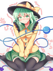 Rule 34 | 1girl, black hat, black thighhighs, blush, collarbone, commentary request, frilled shirt collar, frills, gradient background, green eyes, green hair, green skirt, grey background, hair between eyes, hat, have to pee, highres, komeiji koishi, long sleeves, looking at viewer, miniskirt, nagomian, no shoes, nose blush, shadow, shirt, short hair, sitting, skirt, solo, sweat, tears, thighhighs, thighs, third eye, touhou, translation request, v arms, wariza, white background, yellow shirt, zettai ryouiki