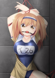 Rule 34 | 10s, 1girl, arms up, ball gag, bdsm, bondage, bound, breasts, brown eyes, brown hair, character name, clothes writing, commentary, gag, gagged, hairband, highres, i-26 (kancolle), kantai collection, large breasts, looking at viewer, matching hair/eyes, one-piece swimsuit, open clothes, restrained, rope, school swimsuit, solo, swimsuit, tears, two-tone hairband, two side up, wiffle gag, yasume yukito