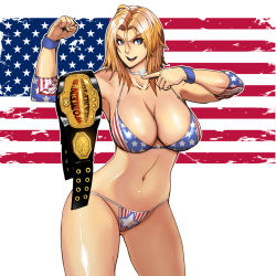 Rule 34 | 1girl, american flag, american flag bikini, armlet, belt, bikini, blonde hair, blue eyes, breasts, butcherboy, championship belt, choker, curvy, dead or alive, flag print, highres, large breasts, long hair, pointing, smile, solo, swimsuit, tecmo, tina armstrong