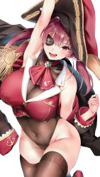 Rule 34 | 1girl, absurdres, bicorne, black coat, blush, breasts, cleavage, coat, eyepatch, hair ribbon, hat, highres, hololive, houshou marine, large breasts, leotard, long hair, looking at viewer, off shoulder, open mouth, red eyes, red hair, red ribbon, ribbon, see-through, see-through cleavage, see-through leotard, shino (comic penguin club), smile, solo, thighhighs, thighs, twintails, virtual youtuber