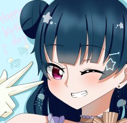 Rule 34 | 1girl, ;), artist name, artist request, bare shoulders, blue hair, blush, bow, bowtie, breasts, earrings, female focus, gloves, hair bun, hair ornament, hairclip, jewelry, long hair, looking at viewer, love live!, love live! sunshine!!, one eye closed, parted lips, pink eyes, purple eyes, side bun, single hair bun, smile, solo, star (symbol), star hair ornament, striped clothes, striped gloves, teeth, tsushima yoshiko, upper body, v, vertical-striped clothes, vertical-striped gloves, white gloves, yellow bow