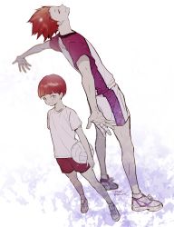 Rule 34 | 2boys, aged down, ball, bandaged fingers, bandages, commentary request, dual persona, full body, haikyuu!!, highres, holding, holding ball, looking at viewer, male focus, multiple boys, outstretched arms, red eyes, red hair, red shorts, shirt, shoes, short sleeves, shorts, signature, simple background, smile, sneakers, spiked hair, sportswear, spread arms, t-shirt, tendou satori, volleyball, volleyball (object), volleyball uniform, yasai (getsu)