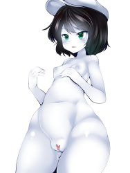 Rule 34 | 1girl, black hair, breasts, censored, colored skin, cookie (touhou), doku corne, female focus, green eyes, hat, heart, heart censor, highres, milk (cookie), murasa minamitsu, navel, nipples, nude, parted lips, pussy, short hair, simple background, solo, sweat, thick thighs, thighs, touhou, white background, white skin, wide hips