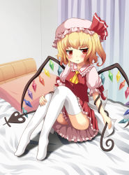 Rule 34 | 1girl, :t, bad id, bad pixiv id, bed, blonde hair, blush, bow, bowtie, buttons, colorized, female focus, flandre scarlet, hat, highres, laevatein, pout, rasahan, red eyes, ribbon, shiro tsugumi, short hair, side ponytail, solo, embodiment of scarlet devil, thighhighs, touhou, wings