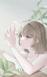 Rule 34 | 1girl, absurdres, arm rest, arm up, bare arms, blue eyes, blurry, blurry foreground, brown hair, cup, depth of field, drinking glass, face, from side, green eyes, heterochromia, highres, hiya 0, holding, holding cup, idolmaster, idolmaster cinderella girls, idolmaster cinderella girls starlight stage, indoors, looking afar, mole, mole under eye, plant, shirt, short hair, signature, solo, spaghetti strap, takagaki kaede, white shirt