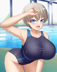 Rule 34 | 1girl, blue eyes, breasts, fang, highres, huge breasts, pool, short hair, swimsuit, uzaki-chan wa asobitai!, uzaki hana