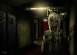 Rule 34 | absurdres, ahoge, animal ear fluff, animal ears, blood, blue eyes, blush, braid, closed mouth, collared shirt, commentary, english commentary, fox ears, gurifu, hair between eyes, hand up, highres, hololive, horror (theme), indoors, locker, long sleeves, looking at viewer, shadow, shirakami fubuki, shirt, signature, single braid, smile, upper body, virtual youtuber, white hair, white shirt, wide sleeves