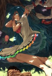 Rule 34 | 2girls, bare legs, barefoot, blue eyes, blue hair, blurry, boots, dappled sunlight, depth of field, drooling, food, fruit, grass, hand on another&#039;s shoulder, hat, unworn hat, unworn headwear, highres, hinanawi tenshi, hugging own legs, ibuki notsu, long hair, lying, multiple girls, nagae iku, on side, one eye closed, out of frame, peach, shoes, unworn shoes, solo focus, squatting, sunlight, touhou, tree, tree shade, waking up, weeds