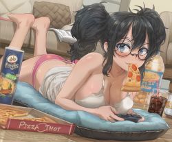 Rule 34 | 1girl, ass, barefoot, big hair, black hair, blue eyes, blush, body freckles, borrowed character, brand name imitation, breasts, camisole, cheese puffs, cleavage, colored eyelashes, commentary request, controller, couch, cup, cushion, dimples of venus, drink, drinking glass, drinking straw, dutch angle, eating, fang, fang out, feet, feet up, female focus, food, food in mouth, freckles, free style (yohan1754), game controller, glasses, highres, holding, huge filesize, indoors, large breasts, long hair, looking at viewer, lying, makeup, mascara, mouth hold, on floor, on stomach, original, panties, pink panties, pizza, pizza box, pizza thot, playing games, pringles, round eyewear, shiny skin, smile, soda, solo, the pose, tips, tips (gats), twintails, underwear, underwear only, wooden floor