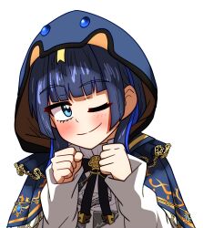 Rule 34 | 1girl, ;), ascot, black hair, blue capelet, blue eyes, blue hair, blunt bangs, blush, capelet, closed mouth, colored inner hair, commentary, ddolbang, english commentary, highres, hololive, hololive english, hood, hood up, hooded capelet, long sleeves, looking at viewer, multicolored hair, official alternate costume, one eye closed, ouro kronii, ouro kronii (casual), simple background, smile, solo, streaked hair, upper body, virtual youtuber, white ascot, white background