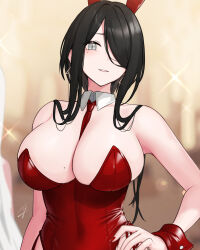 Rule 34 | 1girl, animal ears, bare arms, bare shoulders, between breasts, black hair, breasts, cleavage, commentary, detached collar, earrings, fake animal ears, grey eyes, hair over one eye, hand on own hip, hayabusa, highres, jewelry, large breasts, leotard, looking at viewer, mole, mole on breast, mole under eye, nail polish, necktie, one eye covered, original, playboy bunny, rabbit ears, red leotard, red nails, red necktie, signature, slit pupils, smile, solo, symbol-only commentary, upper body, wrist cuffs