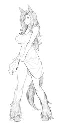 Rule 34 | 1girl, absurdres, breasts, dress, fur, greyscale, highres, holding clothes, holding dress, hooves, large breasts, legs apart, less, looking at viewer, monochrome, monster girl, simple background, slit pupils, solo, standing, tail, thighs, white background