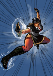 Rule 34 | 1girl, alternate costume, boots, bracelet, capcom, chun-li, cuffs, dylanliwanag, fighting stance, gloves, handcuffs, hat, jewelry, muscular, necktie, palm blast, peaked cap, pelvic curtain, police, police uniform, policewoman, side slit, solo, spiked bracelet, spikes, street fighter, thick thighs, thighhighs, thighs, uniform