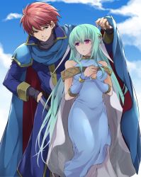 Rule 34 | 1boy, 1girl, armor, ataka takeru, bad id, bad twitter id, bare shoulders, blue hair, blush, cape, dress, eliwood (fire emblem), fingerless gloves, fire emblem, fire emblem: the blazing blade, fire emblem heroes, gloves, hair ornament, long hair, looking at viewer, ninian, nintendo, open mouth, red eyes, red hair, short hair, simple background, smile