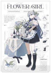 Rule 34 | 1girl, alternate costume, apron, aqua eyes, black footwear, black skirt, blue hair, boots, bottle, cross-laced footwear, cup, drinking glass, english text, flower pot, frilled apron, frills, full body, hair between eyes, head wings, highres, holding, holding flower pot, honkai: star rail, honkai (series), knee boots, knee strap, long hair, looking to the side, parted lips, poro (apom6n), robin (honkai: star rail), shirt, short sleeves, skirt, solo, standing, white apron, white shirt, white wings, wings