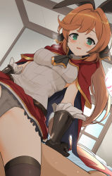 Rule 34 | 1girl, animal ears, arm support, blush, breasts, cameltoe, cape, clarisse (granblue fantasy), desk, eyelashes, fake animal ears, gloves, granblue fantasy, green eyes, grey panties, hair ornament, highres, indoors, large breasts, long hair, looking at viewer, momio, orange hair, panties, parted lips, solo, spread legs, underwear, window