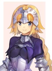 Rule 34 | 1girl, armor, bad id, bad twitter id, blonde hair, blue eyes, braid, breasts, chain, fate/apocrypha, fate/grand order, fate (series), faulds, gauntlets, headpiece, jeanne d&#039;arc (fate), jeanne d&#039;arc (ruler) (fate), large breasts, light smile, long hair, looking at viewer, pink background, plackart, shovelwell, simple background, single braid, solo, standard bearer
