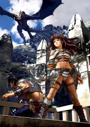 Rule 34 | 1boy, 1girl, armor, belt, bikini, boots, bracer, breasts, brown hair, cloud, day, dragon, earrings, gauntlets, itou satoshi, jewelry, knife, long hair, medium breasts, midriff, mountain, navel, red eyes, ruins, strap, swimsuit, thigh strap, underboob, weapon, wyvern