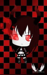 Rule 34 | 10s, 1girl, belt, black gold saw, black hair, black rock shooter, boots, checkered background, chibi, horns, jacket, maroon hair, midriff, non-web source, pale skin, red eyes, shorts, signature, solo
