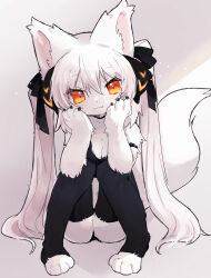 Rule 34 | 1girl, :3, animal ears, animal nose, black thighhighs, body fur, furry, furry female, hands on own cheeks, hands on own face, highres, light blush, long hair, looking at viewer, orange eyes, pemi (spommmm), sitting, solo, tail, thighhighs, twintails, very long hair, white fur, white hair