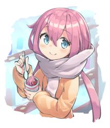 Rule 34 | 1girl, blue eyes, brown sweater, closed mouth, cropped torso, cup, grey scarf, hair between eyes, holding, holding cup, holding spoon, kagamihara nadeshiko, long hair, long sleeves, looking at viewer, low twintails, nano (mianhua maoqiu), pink hair, puffy long sleeves, puffy sleeves, scarf, smile, solo, spoon, sweater, twintails, upper body, very long hair, yurucamp