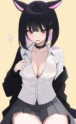 Rule 34 | 1girl, animal ears, black choker, black hair, black jacket, blue archive, blunt ends, breasts, cat ears, choker, cleavage, collarbone, extra ears, grey skirt, halo, highres, jacket, jacket partially removed, kazusa (blue archive), medium breasts, open collar, pink hair, pleated skirt, ryouta (ryouta335), shirt, short hair, simple background, skirt, solo, sweatdrop, white shirt, yellow eyes