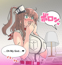 Rule 34 | 1girl, blue eyes, blush, breast pocket, brown hair, covering own mouth, dress, english text, guhanshounen, hair between eyes, hair ornament, kantai collection, lamp, long hair, neckerchief, pocket, ponytail, saratoga (kancolle), side ponytail, sidelocks, smokestack, solo, translation request, white dress