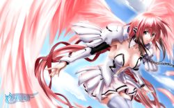 Rule 34 | 1girl, armpits, bad id, bad pixiv id, bare shoulders, breasts, chain, cleavage, collar, flying, green eyes, highres, ikaros, large breasts, pink hair, ribbon, solo, sora no otoshimono, thighhighs, twintails, wallpaper, wings, yoshiomi