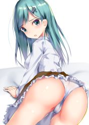 Rule 34 | 10s, 1girl, aqua eyes, aqua hair, ass, clothes lift, from behind, hair ornament, hairclip, henet hene, kantai collection, long hair, long sleeves, looking at viewer, looking back, open mouth, panties, shirt, skirt, skirt lift, solo, suzuya (kancolle), thighs, underwear, white panties