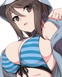 Rule 34 | 1girl, bikini, blue bikini, blue hat, breasts, brown eyes, brown hair, front-tie bikini top, front-tie top, girls und panzer, hair between eyes, hat, hood, hood up, hoodie, kuro mushi, large breasts, long hair, looking at viewer, mika (girls und panzer), open clothes, open hoodie, open mouth, sideboob, simple background, smile, solo, striped bikini, striped clothes, swimsuit, undressing, upper body, white background